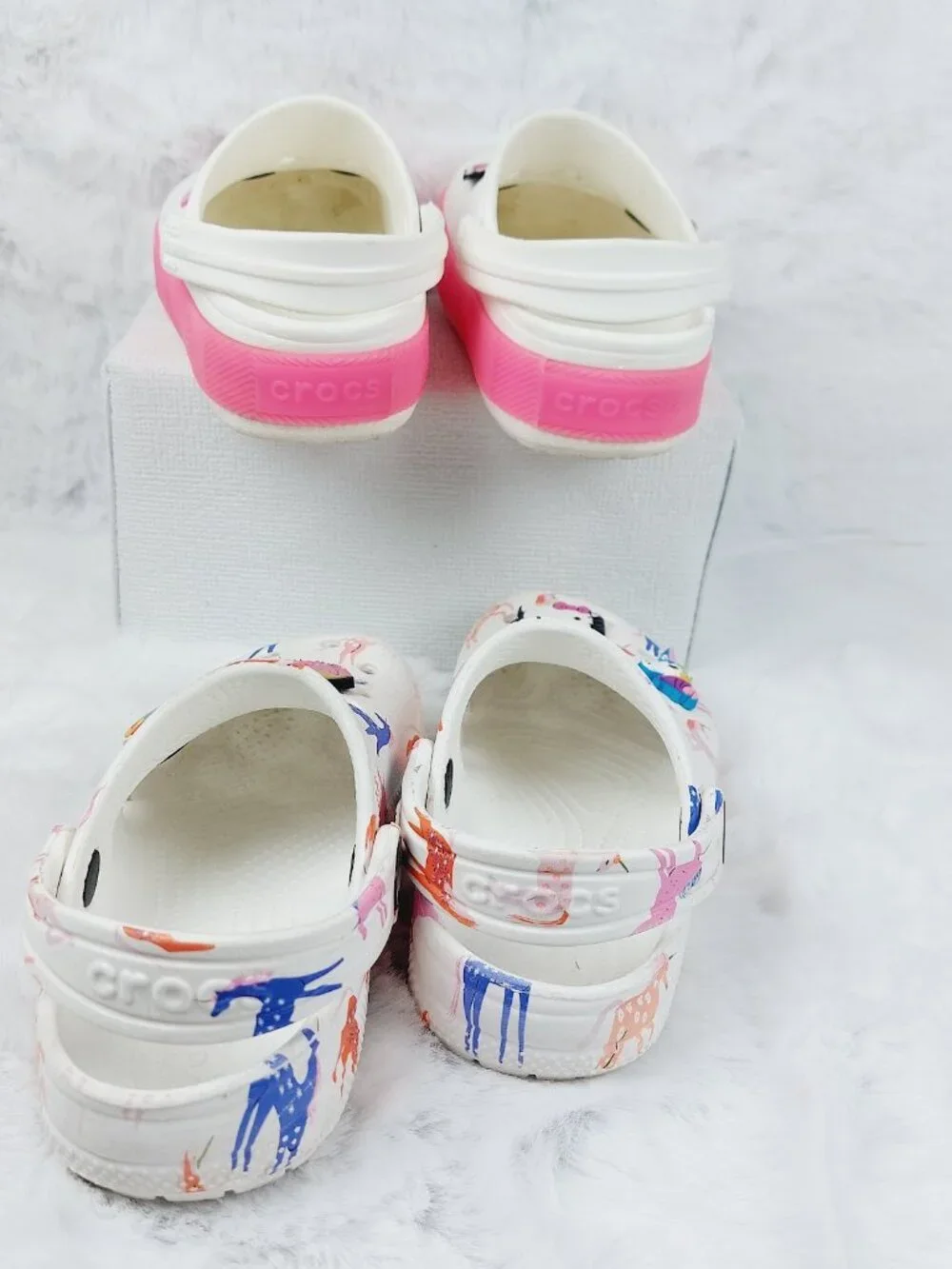 Set Of 2 Crocs Girl's White Pink Classic Platform Slip-On Casual Clogs Size 10
